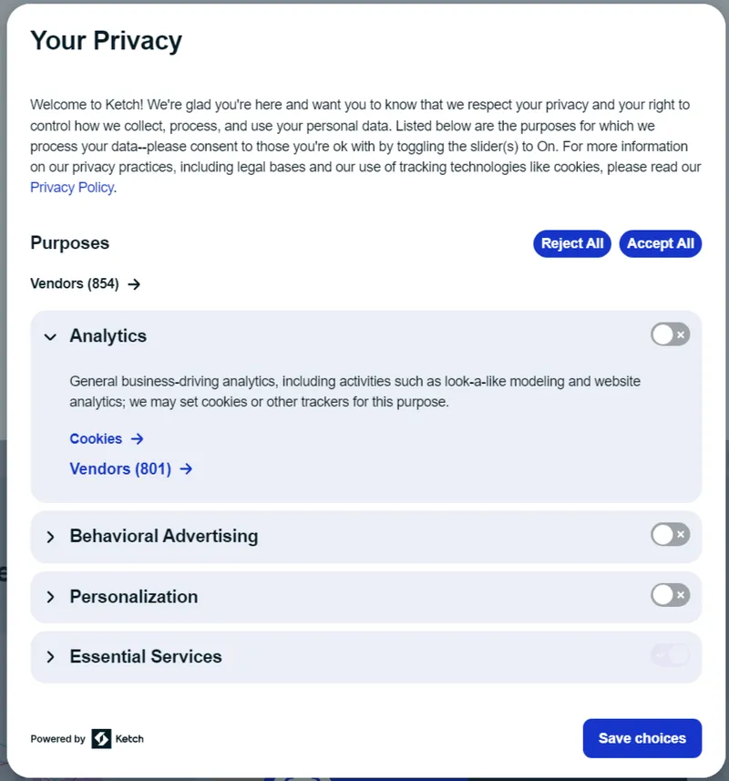 Screenshot of the Ketch consent banner in use on their website.