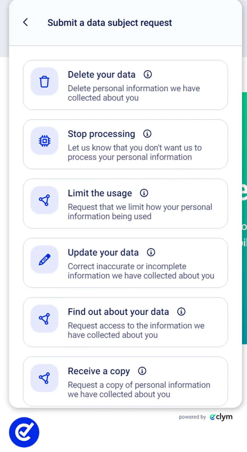 Screenshot of the clym consent banner in use on their website.